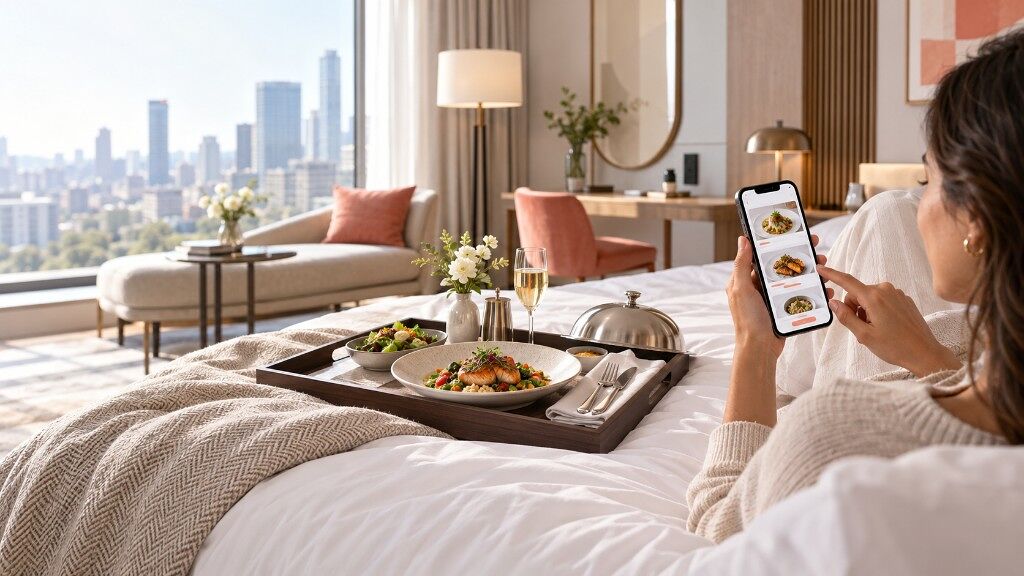 Huésped pidiendo room service desde el celular con la bandeja en la cama
