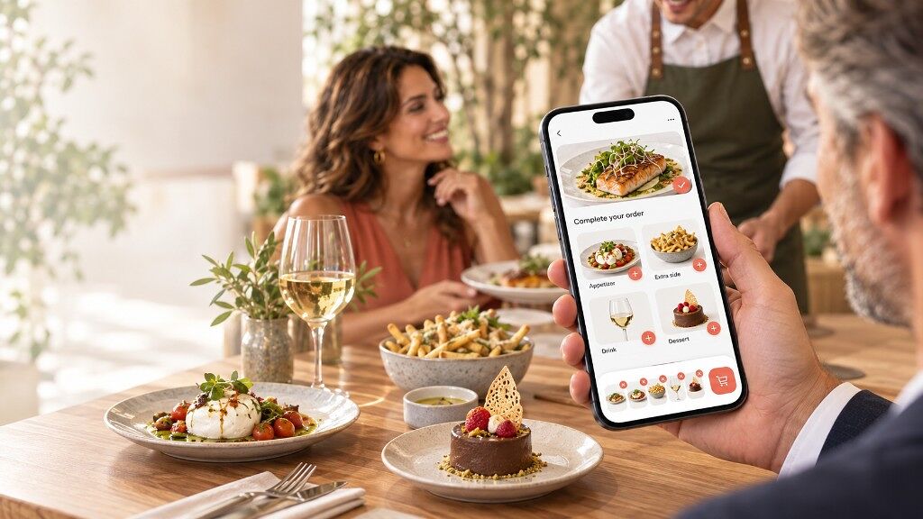 Comensal completando el pedido desde el celular en la mesa del salón