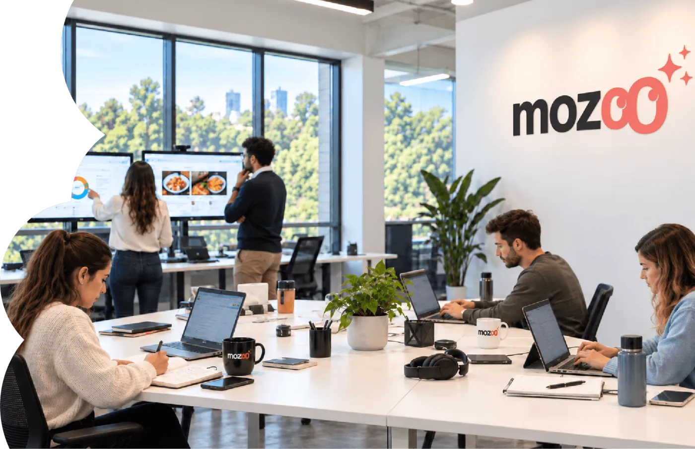 Equipo de Mozoo trabajando en la oficina: diseño, marketing y tecnología.