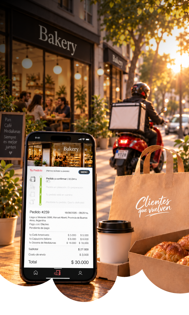 Pedido de delivery en el celular junto a café, medialunas y un repartidor en moto.
